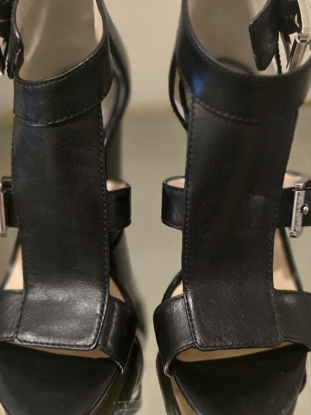 Michael Kors black Leather Women's T-Strap Heeled Sandals